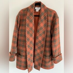Simon Chang Orange & Green Plaid Wool Blend Open Front Jacket